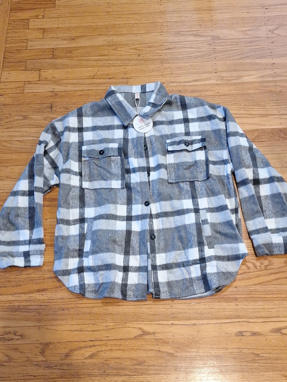 Women's Gray & White Plaid Button-Front Shirt Jacket